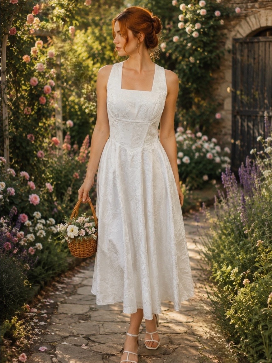Elegant White Jacquard Square-Neck Midi Dress